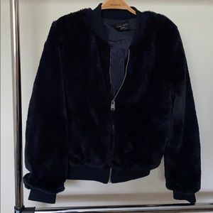 Navy faux fur bomber jacket